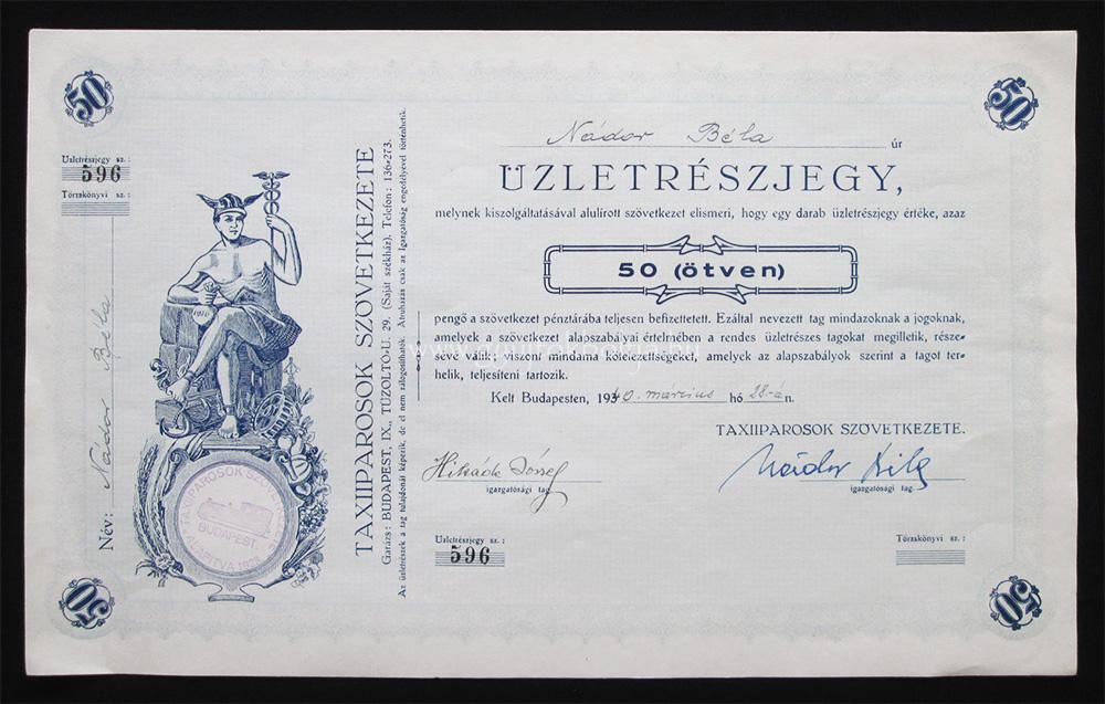 Taxiiparosok Sz�vetkezete �zletr�szjegy 50 peng� 1940